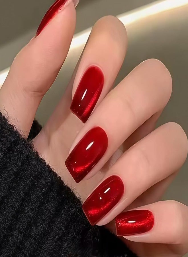 OCOUYVD Square Press on Nails Medium Fake Nails Cate Eye Red False Nails Acrylic Artificial Glossy Design Full Cover Glue on Nail Stick on Nail for Women Girls Manicure Art Decorations 24PCS - Image 2